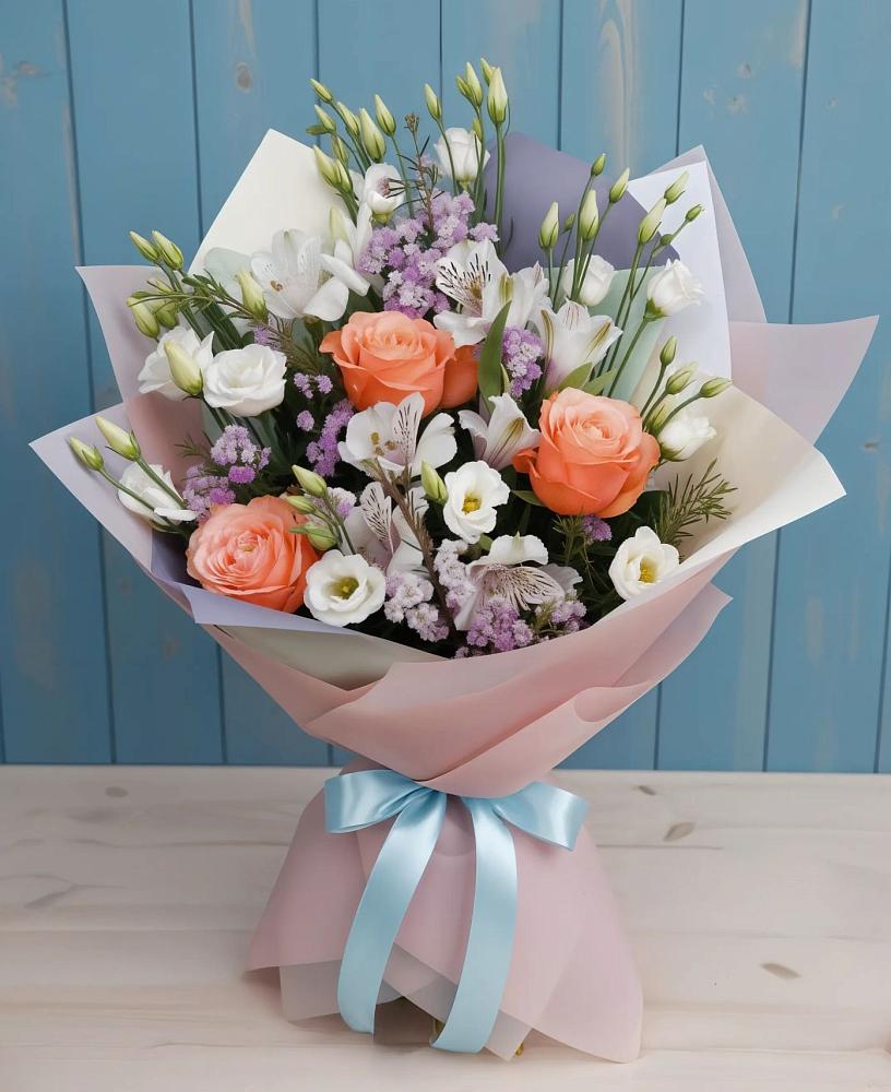 Букет цветов из: Лизиантусы, Розы, Альстромерии и Гипсофила в Крестцах