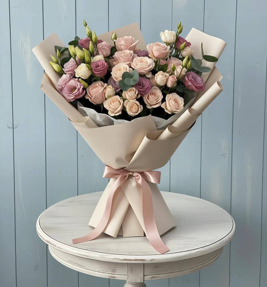 Букет цветов из: Розы и Лизиантусы в Крестцах