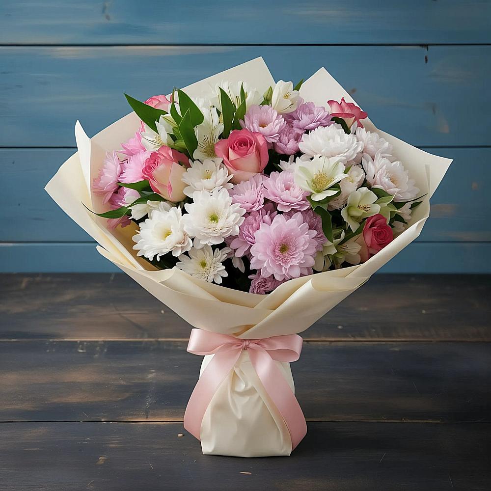 Букет цветов из: Хризантемы, Альстромерии и Розы в Крестцах